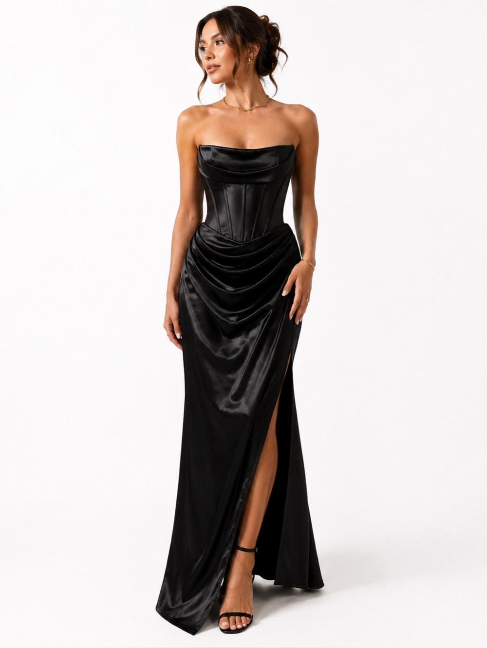 VICI Strapless BlackSatin Corset Draped Maxi Dress Size M